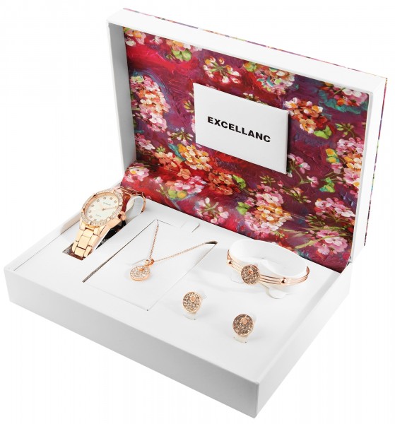 Excellanc Damen - Geschenkset Armbanduhr Halskette Ohrringen Armreif 1800204