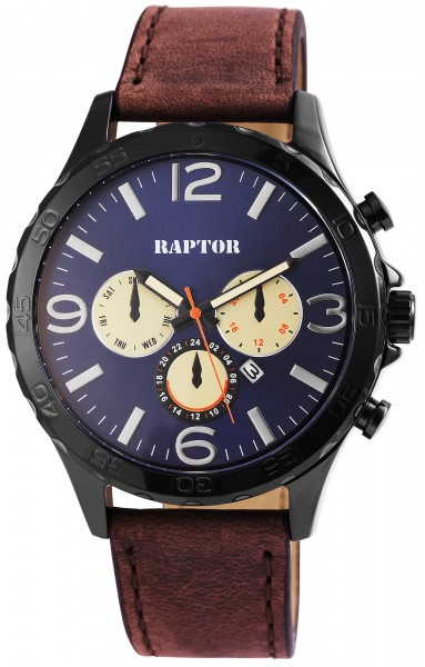 Raptor Herren - Uhr Oberseite Echtlederarmband Chrono Look Quarzwerk RA20123