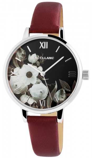 Excellanc Damen-Uhr Lederimitat Dornschließe Blumen Analog Quarz 1900213