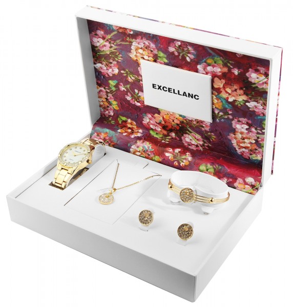 Excellanc Damen - Geschenkset Armbanduhr Halskette Ohrringen Armreif 1800204