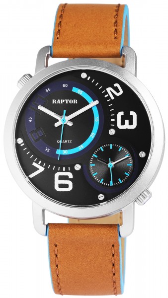 Raptor Herren-Uhr Armband Oberseite Echtleder 2 Zeitzonen Analog Quarz RA20099