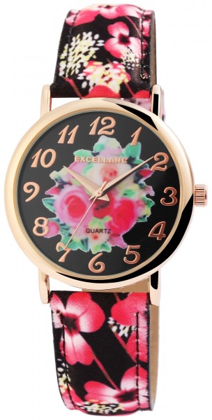 Excellanc Damen – Uhr Lederimitations Blumen Armbanduhr Analog Quarz 1900177