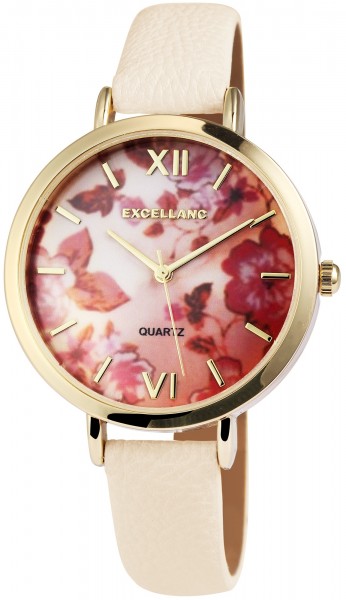 Excellanc Damen-Uhr Lederimitat Armband Blumen Floral Analog Quarz 1900094