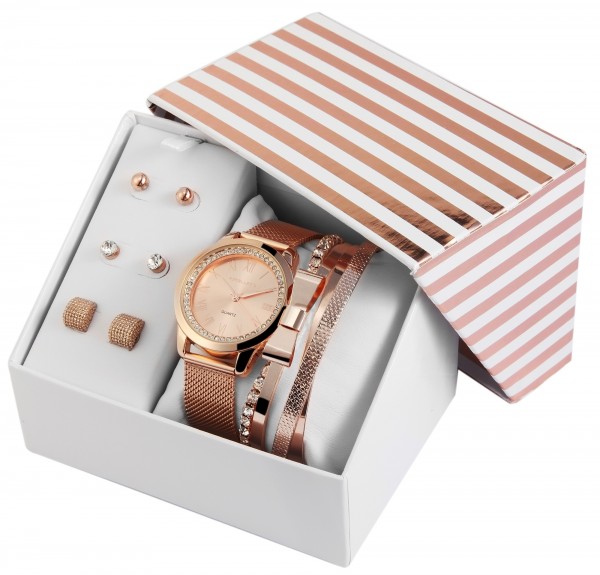 Excellanc Uhrenset / Geschenkset Damenuhr mit Metallband, modischen Schmuckarmbändern und Ohrringe
