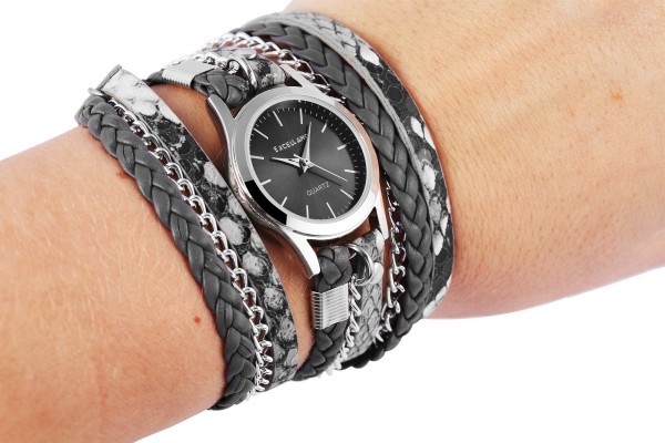Excellanc Damen-Uhr Wickelarmband Metall Lederimitat Analog Quarz 1900180