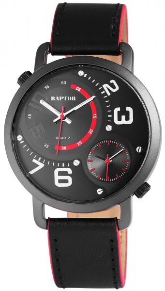 Raptor Herren-Uhr Armband Oberseite Echtleder 2 Zeitzonen Analog Quarz RA20099