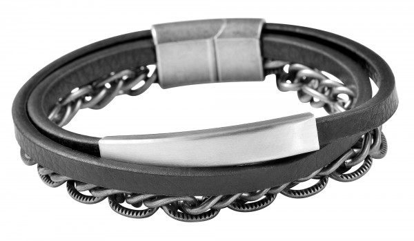 Akzent Armband aus Lederimitation mit Kettenelement und Identplatte, schwarz