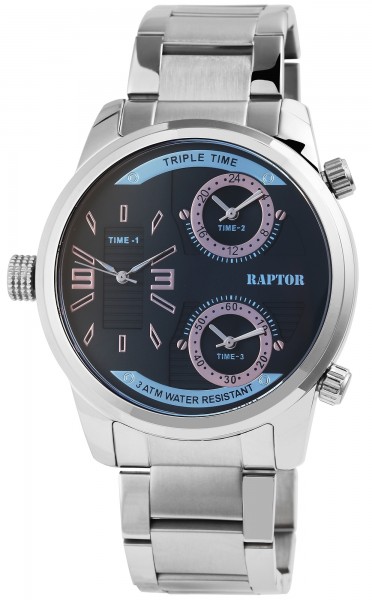 Raptor Herren-Uhr Edelstahl Armband Faltschließe 3 Zeitzonen Analog Quarz RA20296
