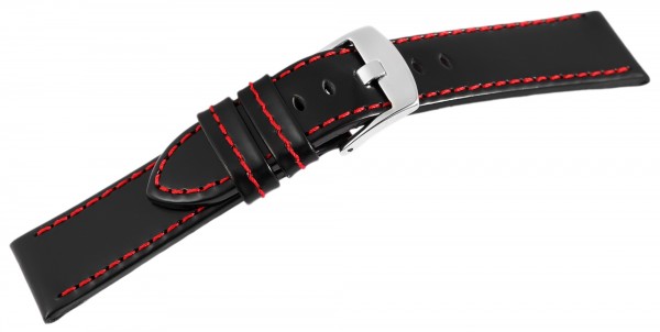 Basic Echtleder Armband in schwarz mit roter Naht, glatt, flach, Dornschließe