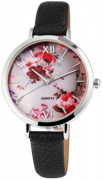Excellanc Damen-Uhr Lederimitat Armband Blumen Floral Analog Quarz 1900094