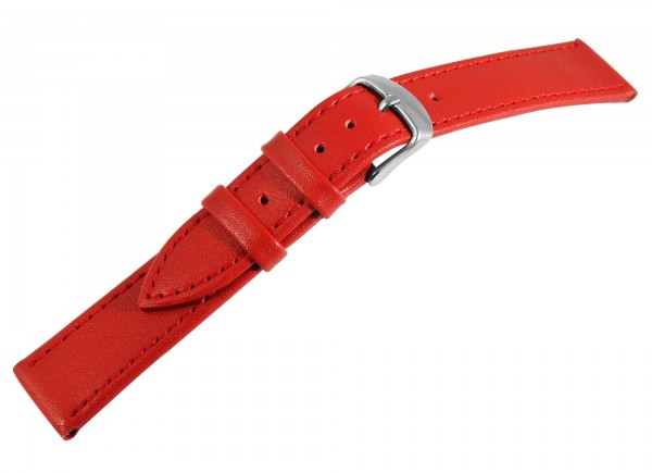 Echtleder Uhrenarmband in rot mit roter Naht, glatt, flach, silberfarbene Dornschließe