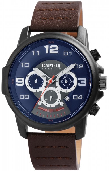 Raptor Limited Herren-Uhr Echt Leder Chronograph Leuchtzeiger Analog Quarz RA20281