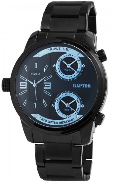 Raptor Herren-Uhr Edelstahl Armband Faltschließe 3 Zeitzonen Analog Quarz RA20296