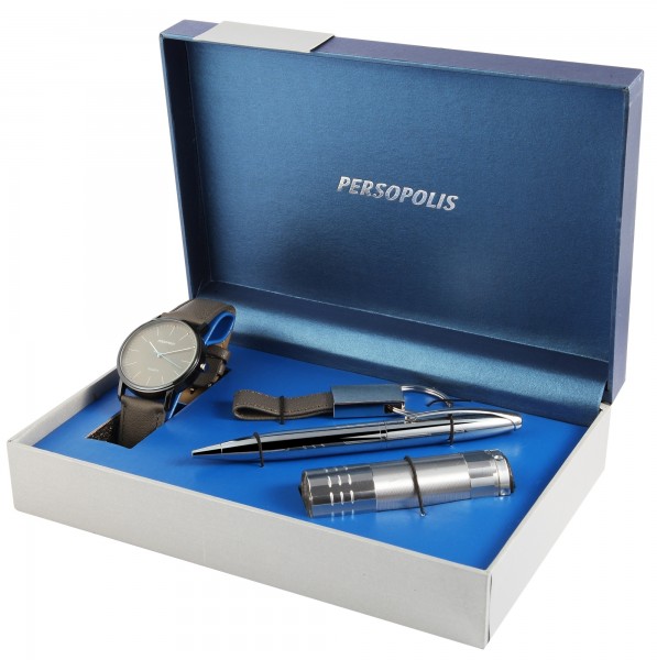 Persopolis Uhrenset / Geschenkset bestehend aus Herrenuhr mit Schlüsselanhänger und Kugelschreiber