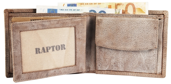 Raptor Herren Geldbörse aus Echtleder. Format 12 x 10 cm.