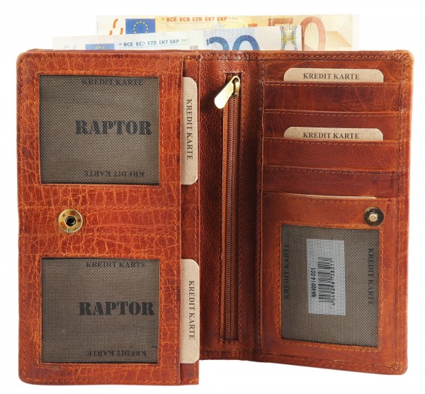 Raptor Damen-Geldbörse Echtleder Vintage Look Druckknopf Querformat RA40014