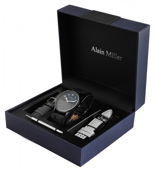 Alain Miller Uhrenset / Geschenkset Herrenuhr mit 2 Bändern aus Lederimitat